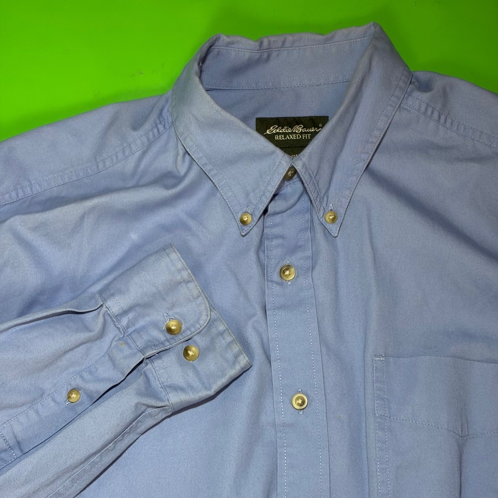 VTG Eddie Bauer Button Up Utility Shirt Mens L Blue L/S Relaxed Fit 100% Cotton